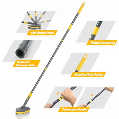 Shower Scrubber with Long Handle for Cleaning, 56" Extendable 3 in 1 Shower Cleaner Brush, Interchangeable Tub Scrub Brush Attachment for Cleaning Bathroom Bathtub Floor Wall