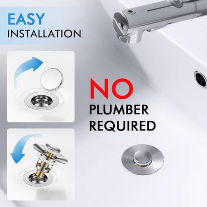 Bathroom Sink Stopper, Pop Up Drain Stopper with Overflow, Premium Metal Chrome and Brass Construction, Easy Installation, No Plumber Required