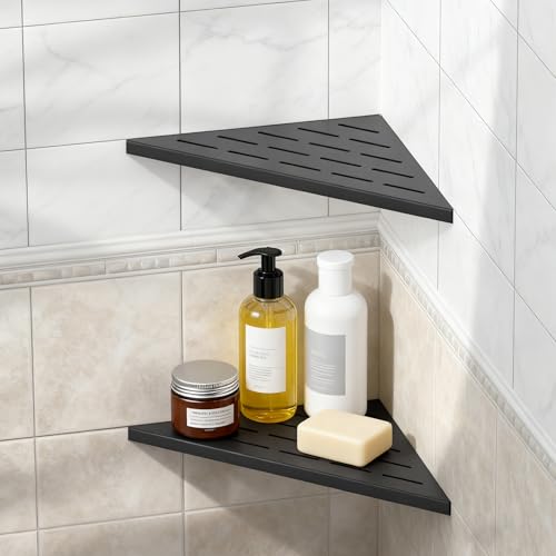 BWE 2 Pcs 10 Inch Shower Corner Shelf Slot Design Corner Shower Shelves | 304 Stainless Steel Shower Shelves Recessed Bathroom Storage Organizer for Tiled Wall No Drilling Need Matte Black - color: Matte Black-triangle