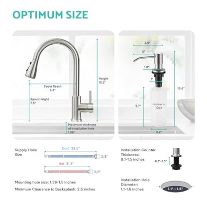 Kitchen Sink Faucet with Soap Dispenser, 3 Modes Kitchen Faucet with Pull Down Sprayer and Soap Dispenser, 304 Stainless Brushed Nickel Single Handle Kitchen Bar Faucets with Water Lines - color: Brushed Nickel Transitional, size: 15.2 Inches