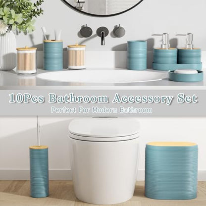 XLHOMO Light Blue Bathroom Set - 10PC Bathroom Accessories Set, Luxury Bathroom Accessory Set with Trash Can,Toilet Brush & 2 PC Soap Dispensers for Apartment Decor and Housewarming - size: Press-lid Bathroom Set, style: Light Blue