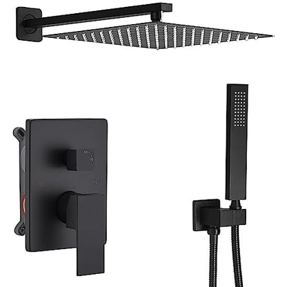Rainfall Shower System Matte Black Shower Faucet Set with High Pressure 12inch Shower Head Hand Held Square Shower Head Bathroom Luxury Rain Mixer Shower Complete Combo Set Wall Mounted - color: Matte Black, style: 12"- 2 Function