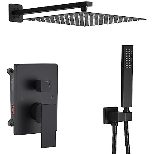 Rainfall Shower System Matte Black Shower Faucet Set with High Pressure 12inch Shower Head Hand Held Square Shower Head Bathroom Luxury Rain Mixer Shower Complete Combo Set Wall Mounted - color: Matte Black, style: 12"- 2 Function