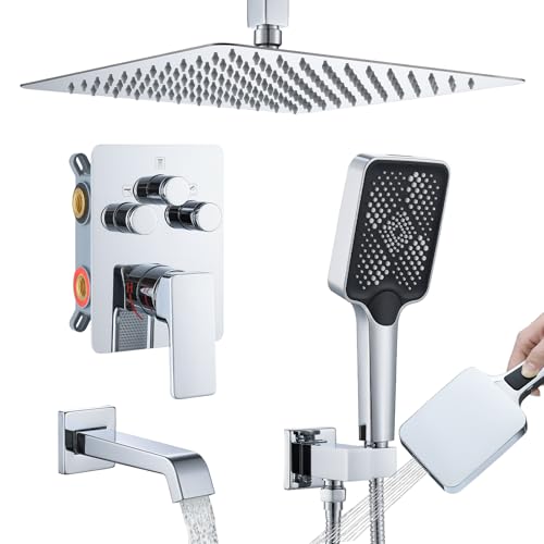 Bathtub Shower Faucet Set with Pressure Balance Valve, 12" Ceiling Mount Shower System with Tub Spout Multi-function Handheld Head Pressure Balancing Push Button Diverter Shower Trim Kit,Chrome - color: Chrome Polished, style: 12"-Square-Tub-01
