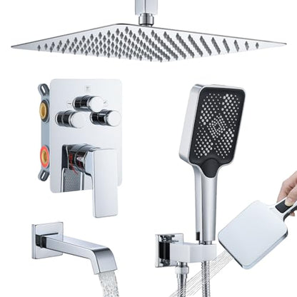 Bathtub Shower Faucet Set with Pressure Balance Valve, 12" Ceiling Mount Shower System with Tub Spout Multi-function Handheld Head Pressure Balancing Push Button Diverter Shower Trim Kit,Chrome - color: Chrome Polished, style: 12"-Square-Tub-01