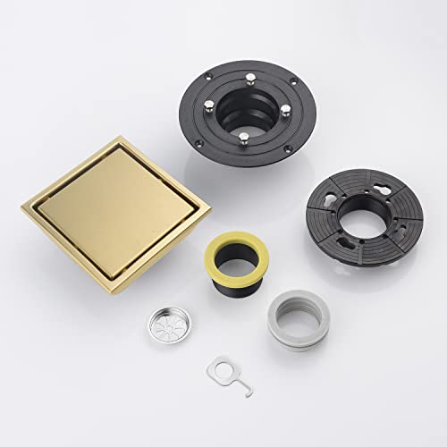 6 Inch Brushed Gold Shower Drain Square, Removable Grid Strainer Cover and Invisible Tile Insert，with Adjustable Drain Flange Kit Base PVC, SUS304 Stainless Steel Brass Face - color: Brushed Gold