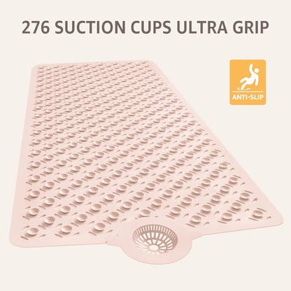 OTHWAY Bath Mat for Tub Non Slip: 39" X 17" Long Bathtub Mat with Hair Catcher│Big Drain Holes Shower Mats for Inside Shower│Machine Washable (Pink) - color: Pink