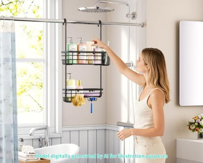 HapiRm Hanging Shower Caddy – For Renters & Small Bathrooms, Fits Shower Curtain Rods, No Drilling, 2 Rustproof 304 Shelves, 4 Hooks, and a Detachable Toothbrush Holder You Can Rinse - Black - color: Black