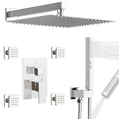 RUMOSE Rainfall Shower System with 4 Full Body Jet 4 Mode Shower Faucet Set | 12 Inch Rain Shower Head, 2 in 1 Handheld Spray, Polished Chrome Brass Shower Jet Shower Fixtures, Wall Mounted - color: Polished Chrome