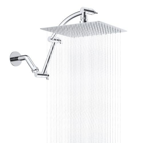 Hibbent All Metal 10'' Rain Shower Head with 16'' Extension Arm, Chrome | cUPC Certified High Pressure Rainfall Showerhead with Solid Brass Adjustable Shower Head Extension Arm, Fixed Showerheads - color: Chrome, style: Square 10''