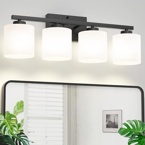 Honesorn 4-Light Vanity Lights, Matte Black Bathroom Light Fixtures | Black Bathroom Vanity Light, Wall Sconces with Milky White Frosted Shades Bedroom,E26 Socket(Bulbs Not Included) - color: Matte Black, size: 4-Light