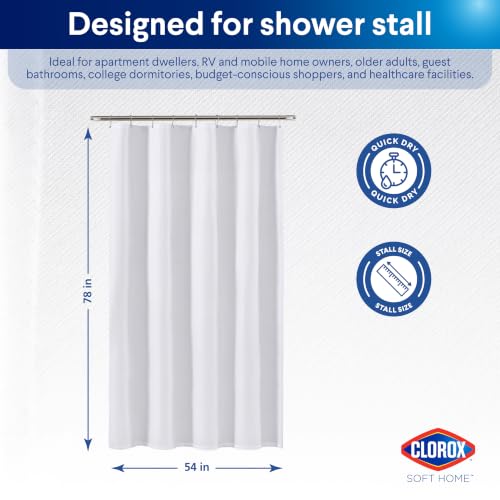 Clorox 2-in-1 Bathroom Shower Curtain Liner, Durable Fabric, Weighted Magnets for Bath Water Control, Washable Premium Quality, Extra Long Stall 78" x 54" White - color: White - Stall