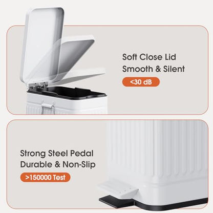 Small Bathroom Trash Can with Lid Soft Close, 6L / 1.6 Gallon Stainless Steel Small Garbage Can with Step Pedal, Slim Waste Basket for Bedroom, Toilet, Office - White - color: White, size: 1.3 Gallon