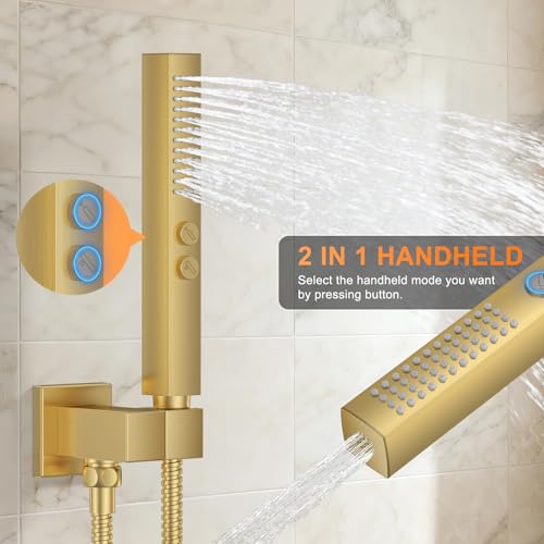 Brushed Gold Shower System with Tub Spout, Ceiling Mounted Bathtub Shower Faucet Set, 12" Rainfall Shower Head and Handheld Shower Combo, High Pressure Shower Fixtures Set with Rough-in Valve - color: Brushed Gold, style: 12" Ceiling Mounted Shower System