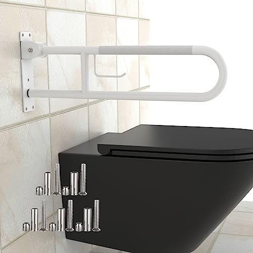 U Shaped Toilet Grab Bar 32 Inch, Munzong White Anti-Slip Support Rail, Flip-Up Bathroom Grab Bar with Paper Holder, Stainless Steel Knurled Handicap Safety handrails for Elderly Disabled Pregnant - color: White, size: 32 Inch