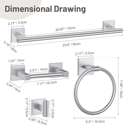 Lairuier Brushed Nickel Bathroom Accessories, Towel Bar Set Wall Mounted | 5 Pieces Bathroom Hardware Set, SUS304 Stainless Steel Double Base 23.6" Towel Bar, Towel Ring, Toilet Paper Holder & Hooks - color: Brushed Nickel, size: 5 Pieces - Double Base