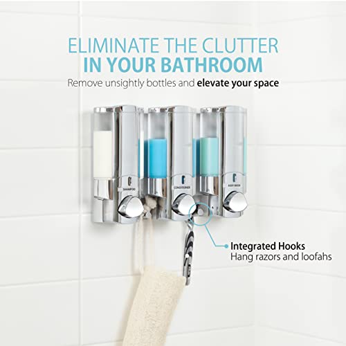Better Living Aviva Shower Dispenser 3 Chamber,Wall Mount Shower Soap Pump Dispenser for Bathroom Hotel Body Wash,Built-in Hooks,No Drill,Waterproof Shampoo SoapDispenser 3 x 11 oz,Chrome (Pack of 6) - size: (Pack of 6)