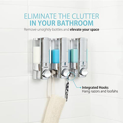 Better Living Aviva Shower Dispenser 3 Chamber,Wall Mount Shower Soap Pump Dispenser for Bathroom Hotel Body Wash,Built-in Hooks,No Drill,Waterproof Shampoo SoapDispenser 3 x 11 oz,Chrome (Pack of 6) - size: (Pack of 6)