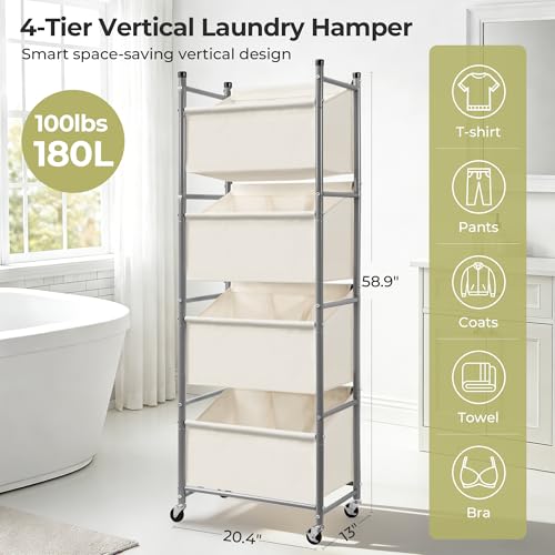 180L 4-Tier Rolling Laundry Hamper with Easy Access Removable Bag, Vertical Laundry Sorter Cart with Wheels & Brakes for Small Spaces, Dorm, Bedroom, Bathroom, Laundry Room, Beige