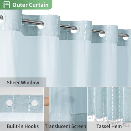 eachope No Hook Extra Long Shower Curtain Set with Snap-in Liner,Linen Textured Thick Striped Fabric with Tassels,Boho Chic Modern Farmhouse Bathroom Curtain,Water-Repellent,Fog Blue,71x86 | Linen Texture,230GSM Thick Fabric,Hotel Luxury Decor,Mesh Window
