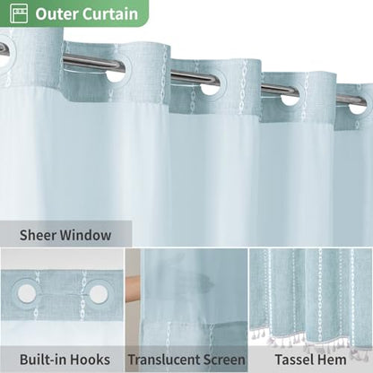 eachope No Hook Extra Long Shower Curtain Set with Snap-in Liner,Linen Textured Thick Striped Fabric with Tassels,Boho Chic Modern Farmhouse Bathroom Curtain,Water-Repellent,Fog Blue,71x86 | Linen Texture,230GSM Thick Fabric,Hotel Luxury Decor,Mesh Window