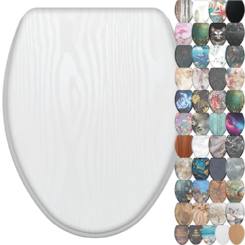 Sanilo Wooden Toilet Seat with Quick Release & Soft Close [ELONGATED] Decorative & Slow Close Molded Wood Seat - With One Click for Easy Installation & Cleaning - With Adjustable Fit (White Wood) - color: White Wood
