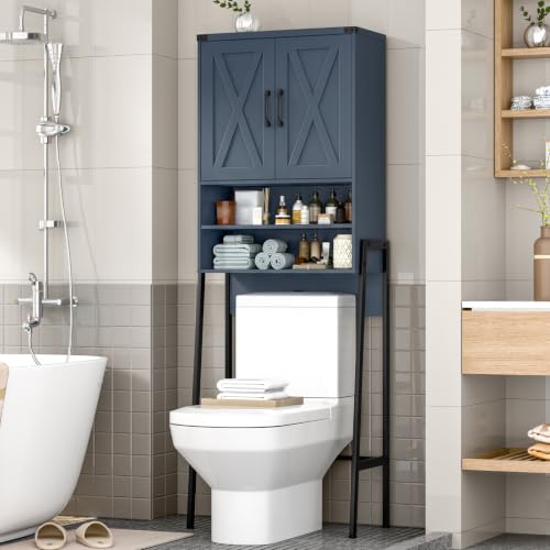 Vabches Metal Frame Over The Toilet Storage Cabinet, Blue | Farmhouse Over Toilet Storage Cabinet with 2 Barn Doors, Home Space-Saving Toilet Rack for Bathroom, Toilet, Laundry Room - color: Blue, style: Iron frame
