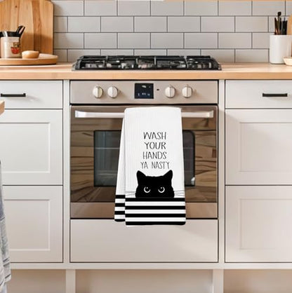 Black Cat Bathroom Washroom Hand Towels, Wash Your Hands Ya Nasty Funny Sign for Bathrooms,Cats Gifts for Women, Cute Cats Animals White Waffle Weave Microfiber Dish Towels, 16x24 Inch - color: Wash Your Hands Ya Nasty