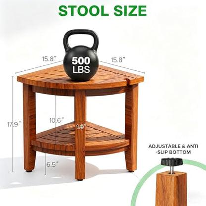 Teak 18" Corner Shower Bench Stool for Inside Shower | Waterproof Bath Chair, with Storage Shelf, Assembly Required