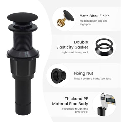 Bathroom Sink Drain Without Overflow, Matte Black Bathroom Sink Stopper for Vanity Vessel Sink, Rapid Draining Stainless Steel Pop Up Drain with Hair Catcher Anti-Clog Strainer - color: Matte Black