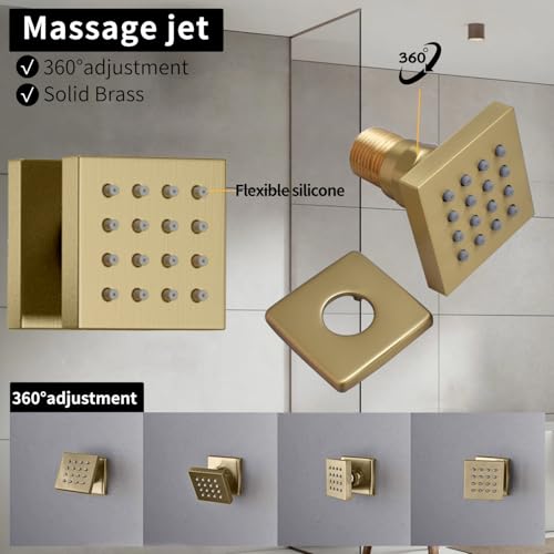 Bathroom Shower System Ceiling 14x20 Inch Shower Head, Spray With Handle, 6 PCS Body Jet And Handheld, Temperature Display Shower Faucet Set (Brushed Gold) - color: Brushed Gold