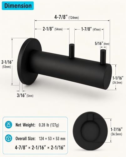 Hooks Heavy Duty Shower Hooks wall Hooks Hooks for Hanging | 304 stainless steel double hooks for bathroom, bedroom, closet, laundry, backpacks, bags and pet leashes - color: Matte Black