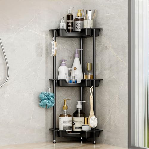 SWTYMIKI Corner Shower Caddy Standing - 3 Tier Rustproof Plastic Shower Caddy, Floor Corner Shelf, Free Standing Rack Storage Stands for Bathroom, Black - color: Black, size: 3-tier