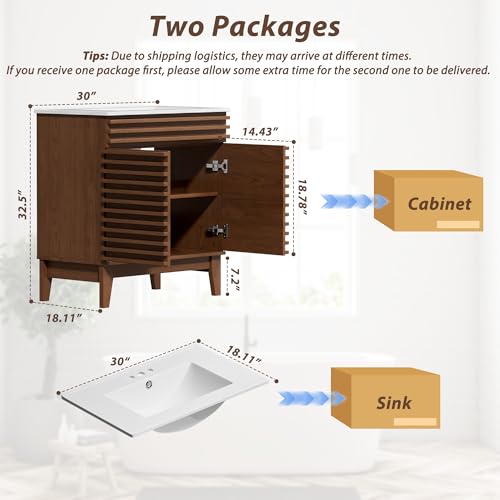 APRILSOUL 30" Bathroom Vanity with Ceramic Sink, Mid-Century Bathroom Vanity Cabinet with 2 Soft Closing Doors, Freestanding Bathroom Cabinet, Particleboard Frame with Wood Grain Laminate, Walnut - color: Walnut/ White Sink, size: 30 Inch