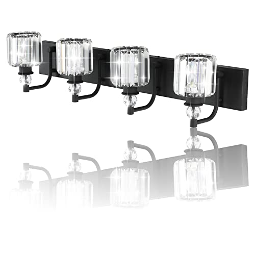 Ralbay Black Crystal Vanity Light Fixtures 4 Light Crystal Bathroom Vanity Lights Fixtures Over Mirror Modern Matte Black Bath Wall Lights - color: Black, size: 32 inch