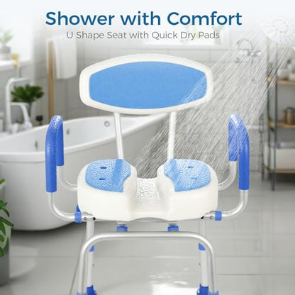 FAHKNS Swivel Senior Bathing Chair with Arms & Back, 400 LBS Heavy Duty U-Shape Seat, Height Adjustable Safety Bath Seat for Tub, Elderly & Disabled - color: Blue