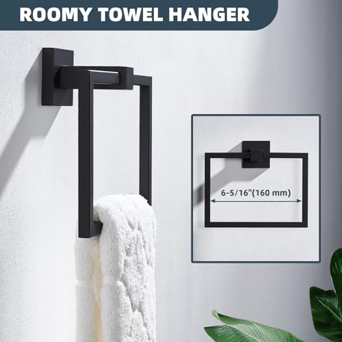 Matte Black Square Towel Holder for Bathroom, 304 Stainless Steel | 180° Rotating Ring for Easy Towel Access, 6.3" Inner Ring, Quiet & Smooth Operation, Easy Drilling Wall Mounted, Modern Style - color: Matte Black