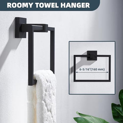 Matte Black Square Towel Holder for Bathroom, 304 Stainless Steel | 180° Rotating Ring for Easy Towel Access, 6.3" Inner Ring, Quiet & Smooth Operation, Easy Drilling Wall Mounted, Modern Style - color: Matte Black