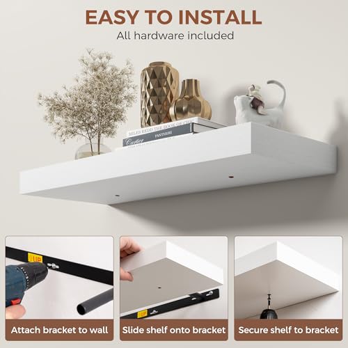 Dreamland White Floating Shelves 48 Inch Long,8 Inch Deep Floating Shelves,48" W x 8" D Wall Shelves for Bedroom,Living Room,Kitchen,Bathroom,Set of 2 - color: White, size: 48 Inch