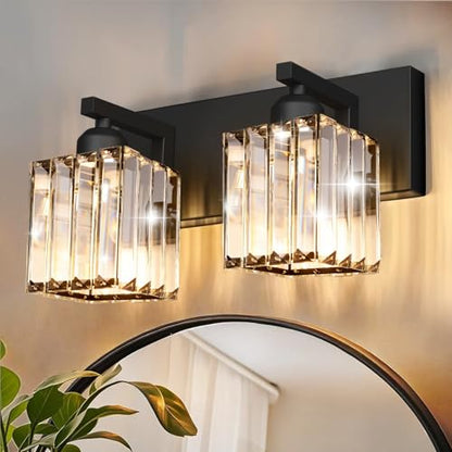 Black Crystal Bathroom Vanity Light, 2-Light Modern Bathroom Lighting Fixtures Over Mirror, Matte Black Wall Sconce with Square Shade - color: Black-Square Shade, size: 2-LIGHT