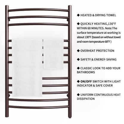 Towel Warmer, Heated Towel Rack, Plug-in/Hardwired Venetian Bronze | 304 Stainless Steel Large 12-Bar Towel Warmer With Plug-In Or Hardwired Installation And Venetian Bronze Finish - color: Venetian Bronze