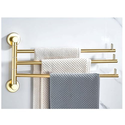 ZHOUXIAO Swing Out Towel Bar Holder Wall Mount/Gold Finish Swivel Towel Rack for Bathroom or Kitchen, Metal Towel Bar Folding Arm Swivel Hanger Bathroom Storage 3Bars