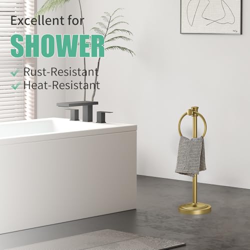 Hoimpro Hand Towel Holder Free Standing Towel Bar Brushed Gold | Hanging Floor Hand Towel Rack Ring, for Bathroom Kitchen Vanity Countertops, Hardware Accessories SUS 304 Heavy-Duty Base - color: Gold