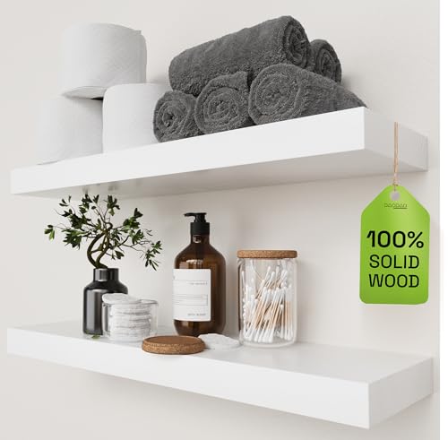 Solid Wood Floating Shelves for Wall 24 Inch White, Wooden Bathroom Shelf | Real Wood, Wall Mounted, Bedroom Kitchen Living Room, Thick, Heavy Duty, Farmhouse, White Finish, 24W x 6.7D, Set of 2 - color: White, size: 24 Inch