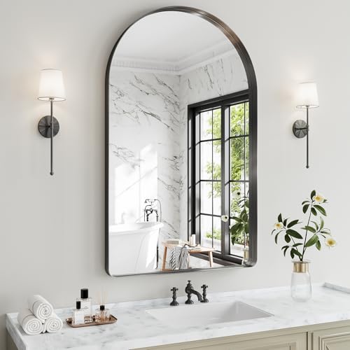Arched Bathroom Mirror, 30"x48" Black Mirror for Wall Mounted Vanity Mirror for Over Sink with Tempered Glass, Aluminum Alloy Deep Frame, Farmhouse for Bedroom, Entryway, Living Room - color: Black-rounded Corner, size: 48"L x 30"W