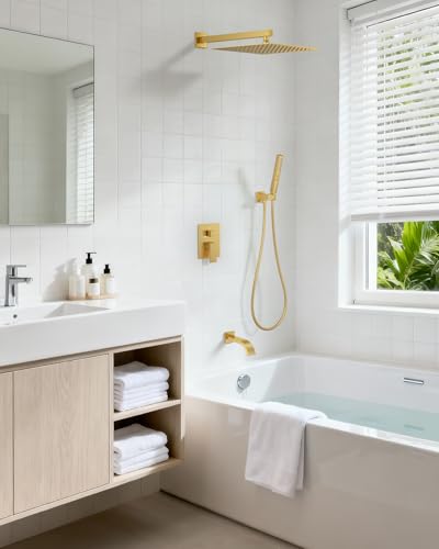 Brushed Gold Shower System with Tub Spout, Wall Mounted Bathtub Shower Faucet Set, 12" Rainfall Shower Head and Handheld Shower Combo, High Pressure Shower Fixtures Set with Rough-in Valve - color: Brushed Gold, style: 12" Wall Mounted Shower System with