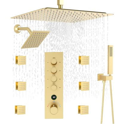 Full Body Dual Heads Rain Shower System with Jets Can Run Together | Brushed Gold 4-way Thermostatic Digital Shower Faucets Set, 12" Ceiling Shower + 6" Tilted Shower + 6 Body Sprays + Handheld - color: Brushed Gold, style: 12” + 6" + 6 Jets