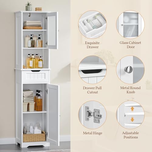 Yaheetech Tall Slim Bathroom Storage Cabinet with Frosted Glass Door, White | Narrow Floor Cabinet for Tight Spots, Reversible Doors, Adjustable Shelves and Drawer for Towel and Linen Storage, MDF Build - style: 2 Doors + 1 Drawer