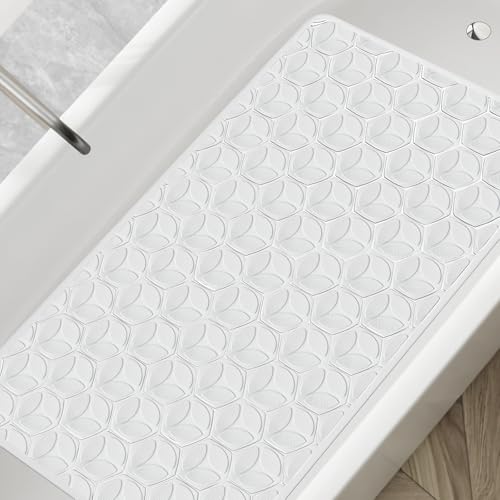 Non-Slip Rubber Bathtub Mat with Suction Cups, 16 × 28 Inch (White) | 100% Rubber, Leaf Texture. Vacuum Suction Cups. Soft on Touch. BPA/PVC-Free. Machine Wash. Safe For Bath, Shower, Pet Dogs. - color: White (Opaque), size: 28" x 16" (Rectangular)