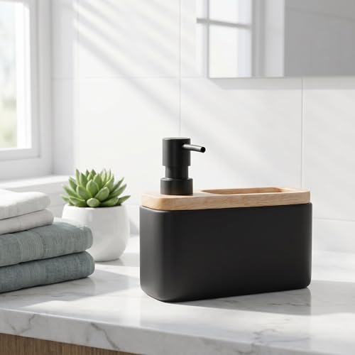 RQYIXI 2-in-1 Ceramic Soap Dispenser with Sponge Holder, Black, 17 Oz | natural acacia wood accent rectangular modern kitchen sink organizer caddy pump countertop farmhouse - color: White Wax Wood Square
